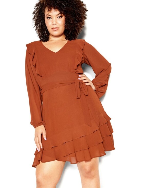 City Chic Dresses & Skirts - City Chic Ruffle Teirs Flare Mini Dress Rust Size 16 Party Long Sleeves Fall